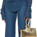 Women's Sexy 2 Piece Outfits Mesh See Through Deep V Neck Top and Long Pants Set Going Out Club Outfit (Medium, Blue)