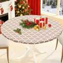 Smiry Round Picnic Tablecloth, Waterproof Elastic Fitted Table Covers for 36" - 44" Tables, Wipeable Flannel Backed Vinyl Tablecloths for Camping, Indoor, Outdoor, Khaki & White