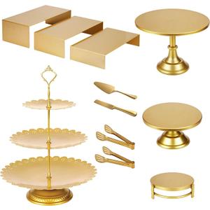 11 Pcs Gold Dessert Table Display Set, Metal Cake Stands and Tiered Serving Tray with Cake Servers and Tongs for Wedding Anniversary and Party Decor