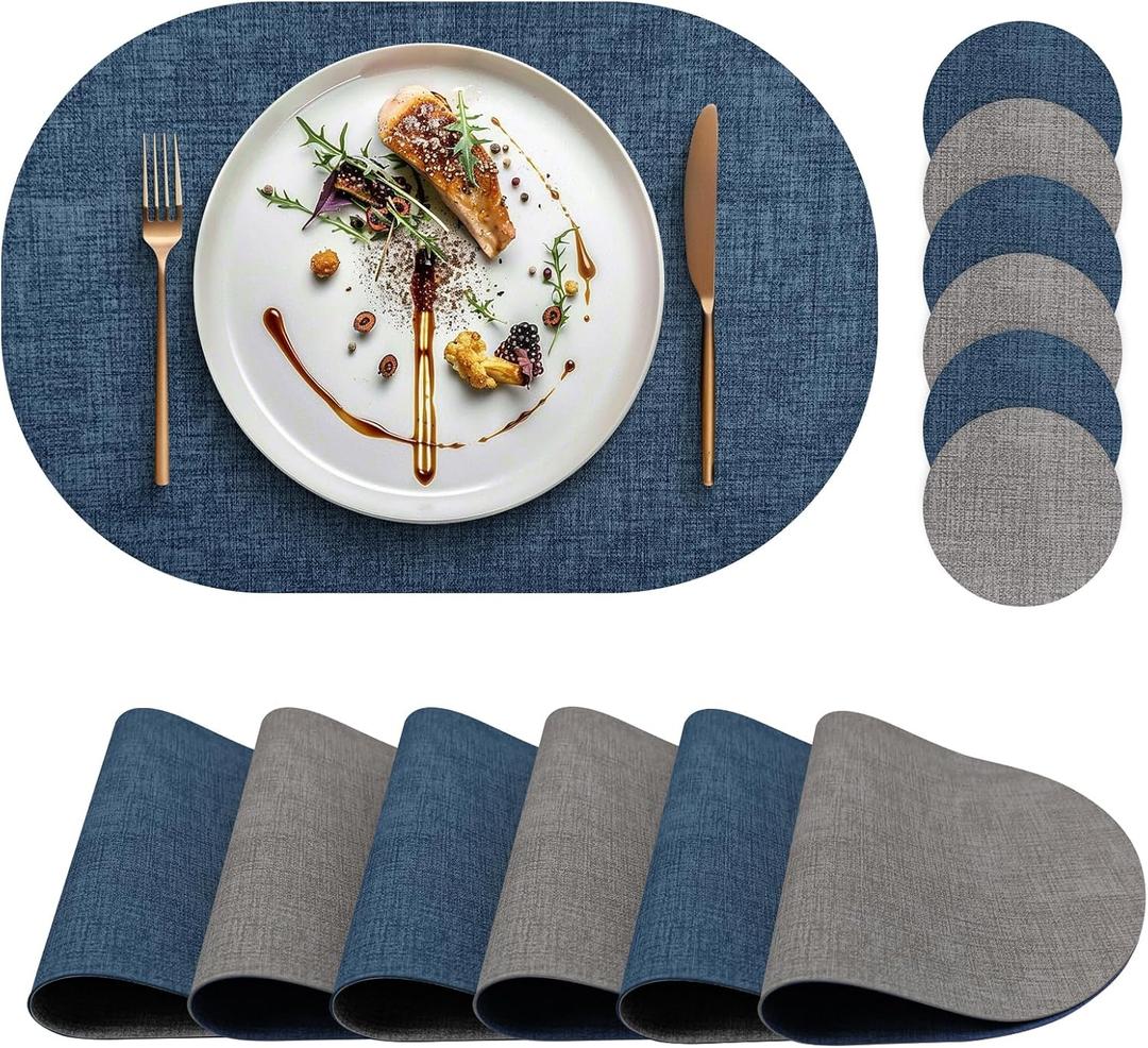 Faux Leather Placemats Set of 6 with Matching Coasters, Dual Sided Oval Placemats, Waterproof Wipeable Heat Resistant Place Mats, Non-Slip PU Table Placemats for Dining Table Kitchen Parties (Dark Grey-navy Nlue)