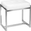 Vanity Stool, Vanity Chair Stools for Makeup Room, Faux Leather Small Makeup Bench, Modern Silver Metal Legs Ottoman Foot Rest for Bedroom Living Room, White & Silver