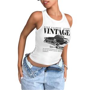 SOLY HUX Women's Summer Graphic Tank Tops Sleeveless Crewneck Letter Car Print Vintage Y2k Top Streetwear (Large)