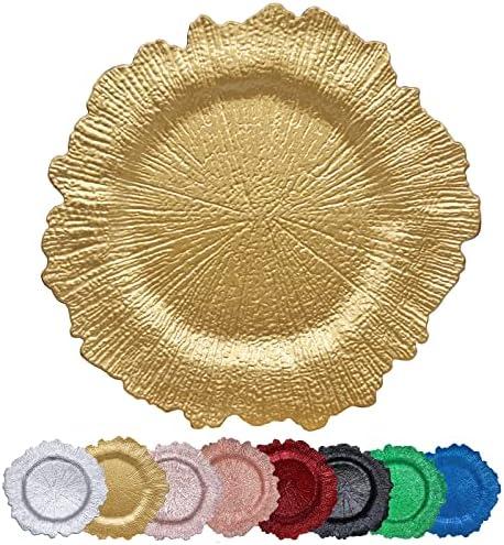 DaCakeWS Gold Reef Charger Plates 10PCS, 13inch Plastic Floral Charger Plates Wedding for Dinner,Wedding,Party,Event,Decoration(Reef Gold10)