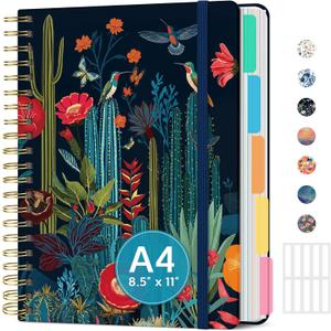 Large Spiral Lined Notebooks for Work with Removable Dividers & Tabs, 8.5"x11" Pretty Hardcover 5 Subject Notebook Journal for Women, College Ruled, Perfect for Study & Office Organization, 280 Pages,Cactus Garden