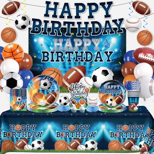 222Pcs Sports Birthday Party Decorations- Amp Up Your Sports Themed Party for 25 Guests. Includes Banner, Plates, Tablecloth, Cupcake Toppers and Aluminum Balloons for Boy Birthday Party Decorations
