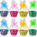 Weysat 8 Sets Bamboo Easter Basket Bulk Set Handle Round Woven Transparent Bag Wrapping Bow Bunny Wrap Glass Paper Egg Hunt Party Supplies (Classic)