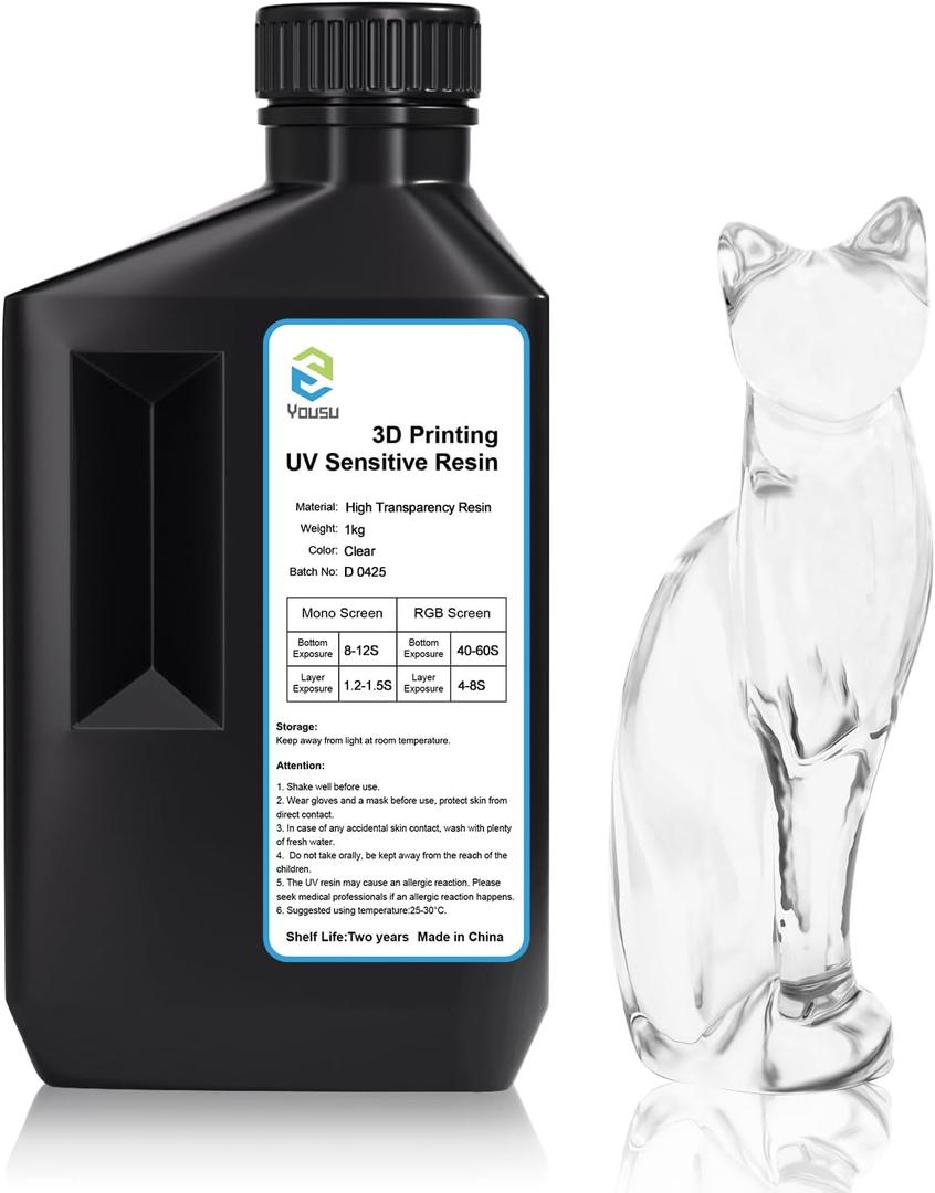 YOUSU High Clear 3D Printer Resin, 1kg, Non-Yellowing High Precision, High Stability, Low Odor, Fast-Curing 405nm UV Resin for LCD/DLP/SLA 3D Printing (2.2lbs)