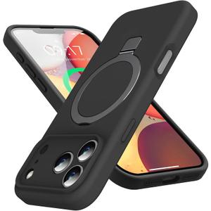 Mag-Ring Designed for iPhone 17 Pro Max Case, Liquid Silicone [Moisturizing Factor] Extreme Soft Slim Phone Case with Stand [Compatible with MagSafe] for 17 Pro Max 6.9 inch Men Women, Black
