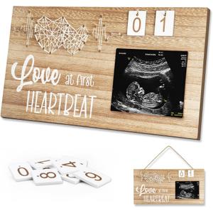 Baby Sonogram Picture Frame with Countdown Weeks for Gender Reveal Gifts Decorations, Baby Countdown Sonogram Frame for Expecting Mother's Day Gift, Love At First Heartbeat Frame Ultrasound (Style3)