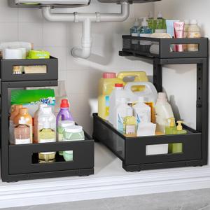 2-Pack Under Sink Storage Organizer, Large 2-Tier Elegant Mesh Pull Out Shelf for Kitchen and Bathroom Cabinet Organization, L-Shaped and Adjustable Height Design,Patent Pending-Black (2 Pack-15.74"Dx11.4"-16.14"H)