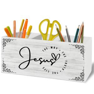 XLDLIOO Jesus Christian Pen Pencil Holder Organizer for Desk Accessories, Religious Bible Verse Wooden Box Sign Desk Decor for Home Office Decoration, Jesus Christian Gifts for Women Men