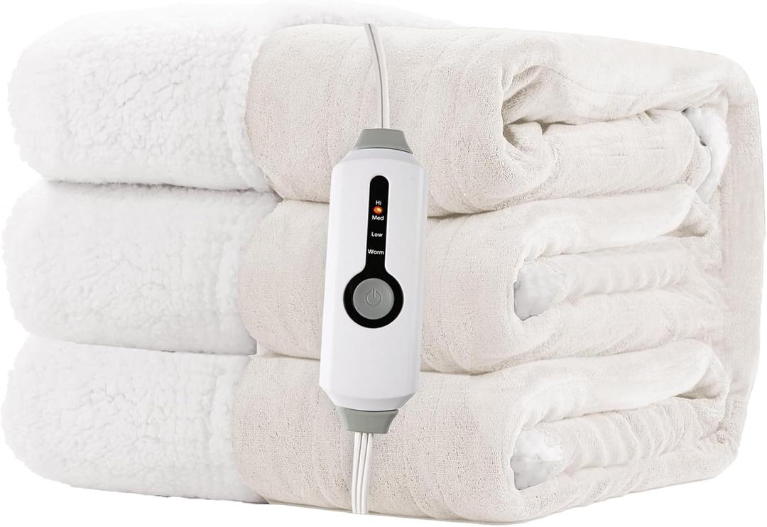 Electric Heated Blanket 72"x84" Full Size for Safe All Night Rest, Dual-Sided Microplush Sherpa for Bedroom Couch Use, 4 Heat Settings & 10 Hours Auto Off Energy Saving, Machine Washable-Lvory