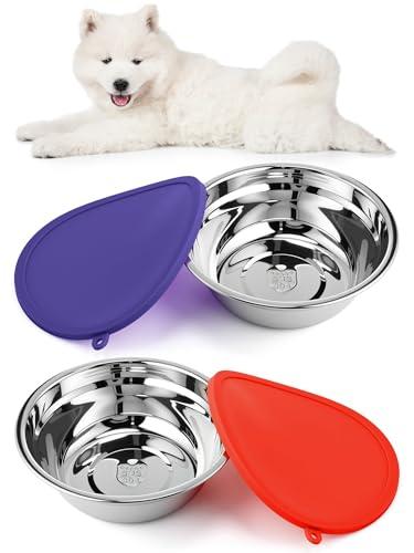 Patelai 4 Pcs Stainless Steel Dog Bowls 7.9" with Silicone Lids Portable Food and Water Dishes for Pets Sealable Containers for Small Medium Dog Cat Indoor (Red,Purple)