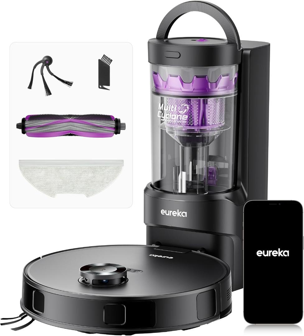 Eureka E20 Evo Plus Robot Vacuum and Mop Combo, 10,000Pa Suction Robot Vacuum Cleaner Bagless Self-Emptying Station, 45-Day Capacity Anti-Hair-Tangling Side Brush Mop Lifting App Control LiDAR Nav (Black)