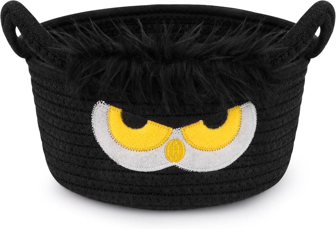 Small Storage Basket for Nursery, Owl Storage Basket, Woven Rope Cotton Storage, Baby Blanket 0rganizer with Ears Handles, Animal Blanket Towel Decor Gifts Cat Dog Bins, 8.2" D x 4.7" H IN (Black)