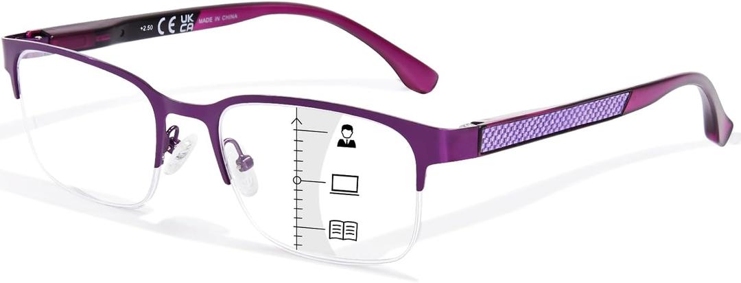 FONHCOO Progressive Multifocal Reading Glasses for Women Men, Metal Half Frame Blue Light Computer Readers with Spring Hinges
