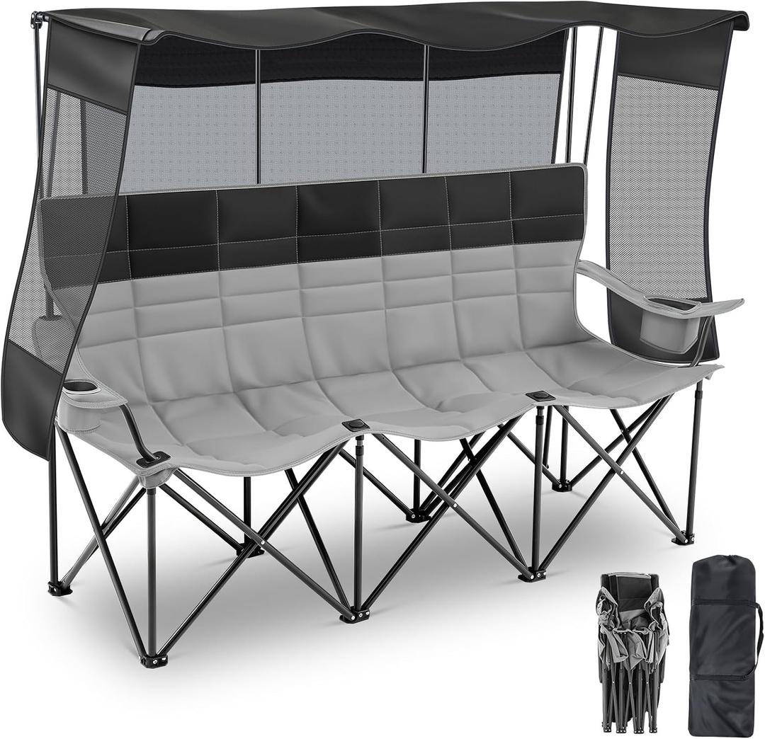 Teenyyou 3 Person Camping Chair with Canopy Shade Oversized Folding Beach Chair, 700lbs Heavy Duty Couch with Cup Holder Carry Bag for Beach Lawn Outdoor (Black and Grey, Canopy Camp)