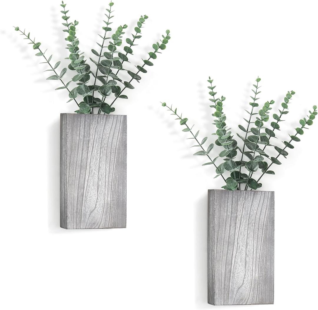 Dahey 2 Pack Wood Wall Planter Vase with Artificial Eucalyptus Farmhouse Wall Hanging Decor Pocket Planter for Indoor Fake Plants Greenery, Living Room Bedroom Kitchen Home Office Decoration, Grey