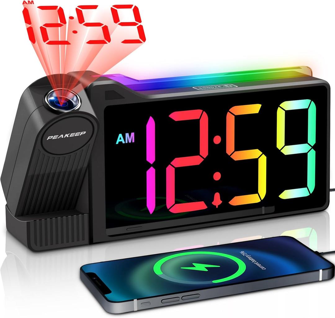 Peakeep Projection Alarm Clock for Bedroom Ceiling, Loud for Heavy Sleepers, RGB Nightlight Multi-Color Large Display 5 Brightness Dimmer, Plug in Bedside Electric LED Digital Clock with USB Port