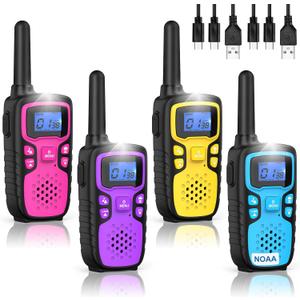 Wishouse Walkie Talkies for Kids Rechargeable Long Range,Xmas Birthday Gift for 4 5 6 7 8 9 Year Old Boys Girls,Hiking Gear Camping Games Cool Toys with NOAA,SOS Siren,Lamp,Lanyards,Easy to Use,4 Pack (Pink Purple Yellow Blue)