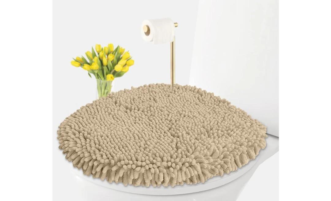 LuxUrux Toilet Lid Cover with Stretch Fit Elastic Band – Chenille Microfiber Toilet Seat Non-Slip Cover for Bathroom – Soft Plush, Machine Wash And Dry, Comfort & Clean Look (18 x 18'', Birch)