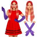 Fish Wigs Halloween Fish Costume Anime Character Cosplay 26 Inches Rose Red Gradient Long Wavy Wig Purple Gloves for Halloween Dress up Party Accessories