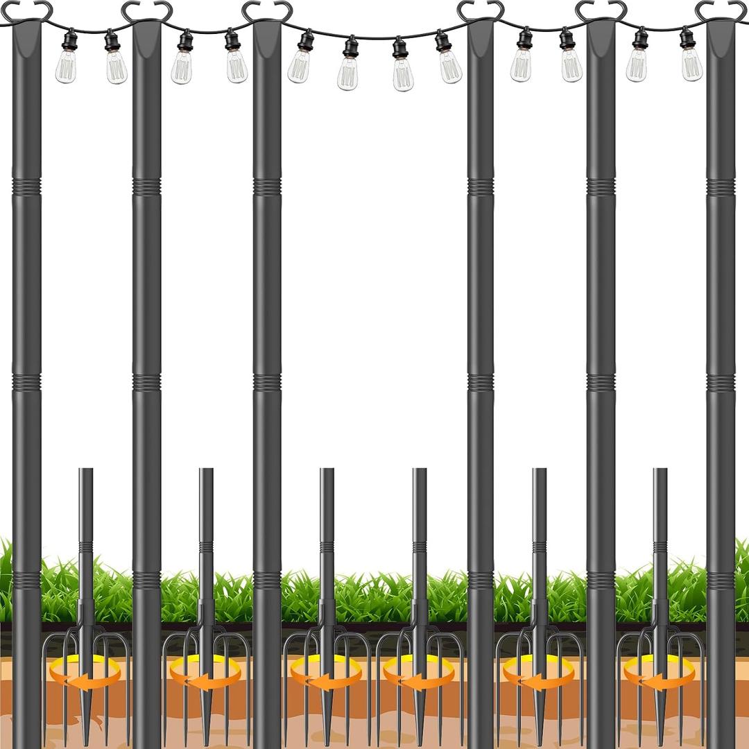 10Ft String Light Poles 6 Pack,Poles for Outdoor String Lights with Fork and Fence Clamp,Hanging Lights Metal Stand Post for Deck Patio Backyard Garden Decorations