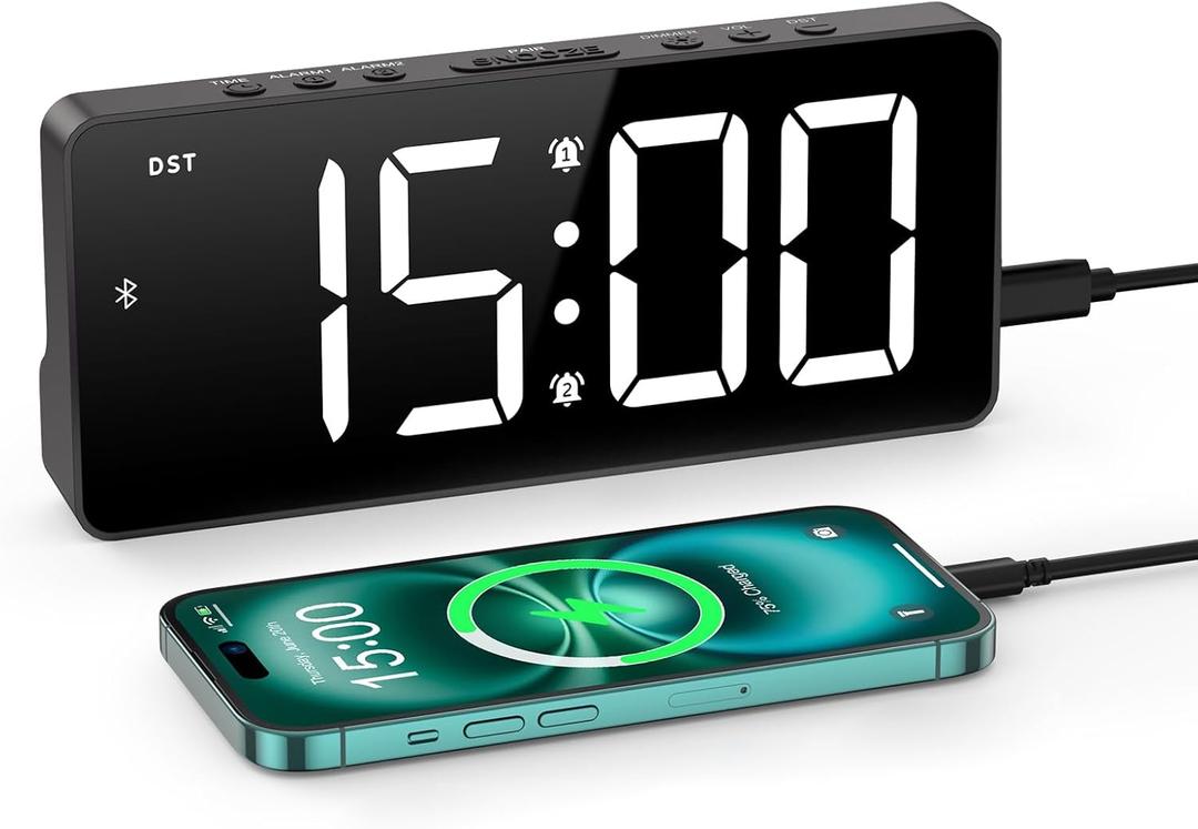 KeeKit 7 Inch Digital Alarm Clock with Bluetooth Sync Time, Auto-sync Time, Adjustable Brightness Clock with 3 Volume Levels, Power Saving Mode, Night Mode, Desk Clock for Home