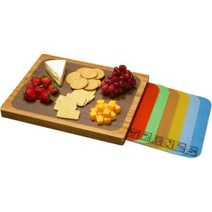Seville Classics Bamboo Premium Wood Cutting Board Serving Tray w/ 7 Color-Coded BPA-Free Mats, for Chopping Bread, Cheese, Fruits, Vegetables, Meats, Charcuterie (PATENTED), Bamboo (NEW MODEL)