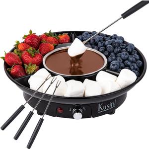 Kusini Electric Fondue Pot Set - Chocolate Fondue Kit - Temperature Control, Detachable Serving Trays, & 4 Roasting Forks - Gift Set & Date Night Idea. Serve at Movie Night or Game Night. (Black)