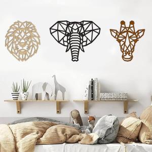 Animal Wall Art for Modern Living Room 3 Pieces Safari Decor for Bedroom above Bed Jungle Theme Wood Heads of Lion, Elephant, Giraffe Art for Nursery Farmhouse Geometric Dcor Wooden Large Colorful