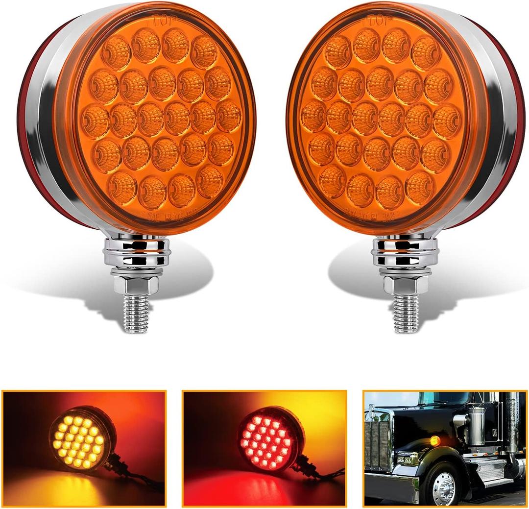Nilight Round Double Face Fender Pedestal Light 2PCS 48LED Amber Red Brake Turn Marker Tail Lights w/Stud Mount for Mack Kenworth Freightliner Truck Trailer Towing (2Pcs Trailer Fender Lights)