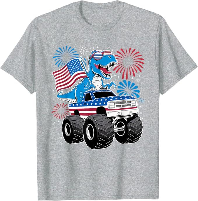 Dinosaur 4th Of July T Rex Dinosaur Monster Truck Dino T-Shirt, Medium