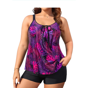 Women Plus Size Tankini Swimsuit - 2 Piece Flowy Plus Size Bathing Suits and Shorts with Pockets 2025 Extra Large, Purple Leaf 