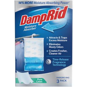 DampRid Pure Linen Hanging Moisture Absorber, 16 oz., 3 Count (Pack of 1) - Eliminates Musty Odors for Fresher, Cleaner Air, Ideal for Closet, 14% More Moisture Absorbing Power*