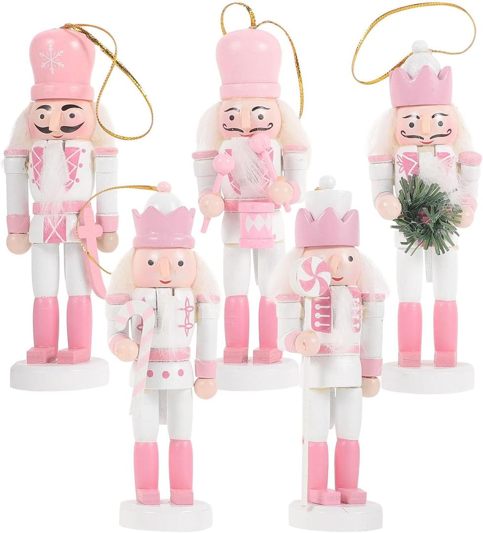 5 Pcs Christmas Pink Nutcracker Ornaments, Wooden Hanging Decorations 5 Inch Tall Nutcracker Figures for Xmas Tree Holiday Party