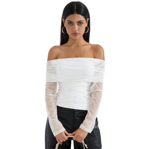 SUUKSESS Women Mesh Off The Shoulder Tops Sexy Going Out Ruched Foldover Shirt Summer Outfits (White, M)