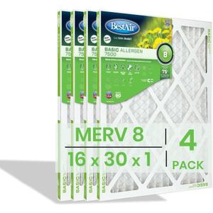 BestAir 16x30x1 Air Filter (4-Pack) | MERV 8 Basic Allergen 7500 HVAC AC Furnace Filter | Replacement Air Filter for Residential & Commercial Use | Made in USA | Actual Size (15.75 x 29.75 x 0.75)