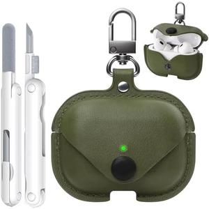 TNSNK for Airpods Pro 2 Case Leather, AirPods Pro Case with Keychain & Cleaner Kit for Apple Airpods Pro 2nd/1st Generation (2023/2022/2019), Full Protective Leather Case Cover for Men Women (Green)
