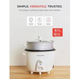 CUCKOO One Touch Rice Cooker 12-Cup Cooked, Small Rice Cooker & Warmer with Steamer Tray, Versatile Grain Cooker, Soup Maker, Auto Keep Warm, 6-Cup Uncooked, White (CR-0601C) White