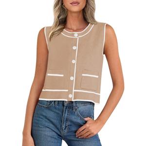 PRETTYGARDEN Vest For Women 2025 Summer Casual Button Down Color Block Sweater Vest Ribbed Knit Tank Tops With Pockets (Beige, M)