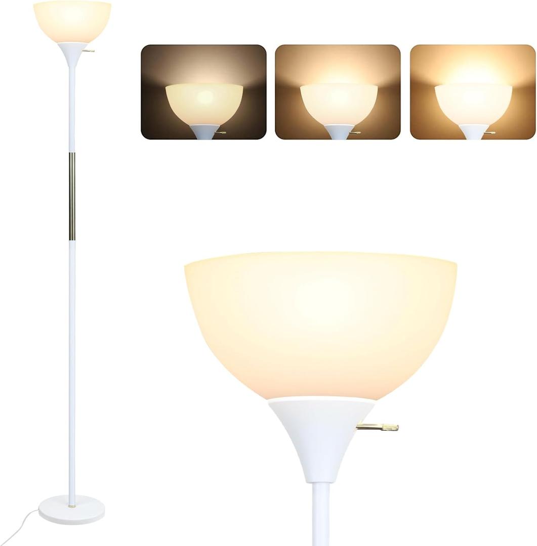 LALISU Floor Lamp, LED Standing Lamp 3 Way Dimmable Brightness Floor Lamp Rotary Switch Floor Lamps Modern Industrial Lamp with Shade, Tall Lamps for Living Room Bedroom Office Dining Room (White)