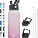 BJPKPK Insulated Water Bottles with Straw Lid, 32oz Metal Large Water Bottle with 3 Lids, Reusable Leak Proof BPA Free Thermos, Stainless Steel Tumblers for Sports, Gym, Travel-Blossom