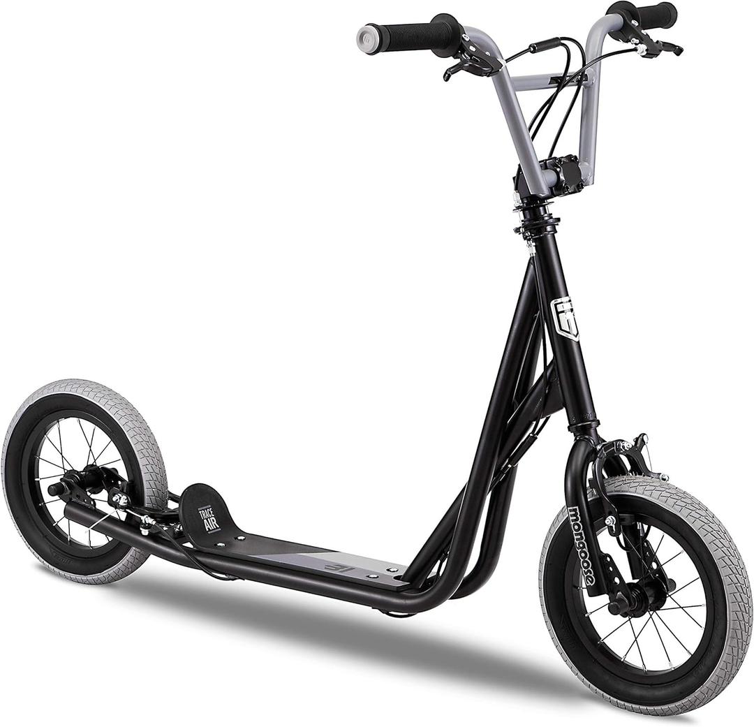 Mongoose Trace Air Non-Electric Scooter for Youth Boys Girls Age 8+ Year Old, Max Weight of 220 lbs., 12-Inch Air Tires, Non-Folding Design, Adjustable Height Stem, BMX-Style Handlebar, Wide Foot Deck (Black)