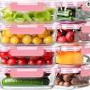 8 Pack 36oz Large Glass Meal Prep Containers with lids, Glass Food Storage Containers with Leak Proof Snap Lock Lids , Airtight Bento lunch Boxes, Kitchen Storage, Oven and Dishwasher Safe-Pink