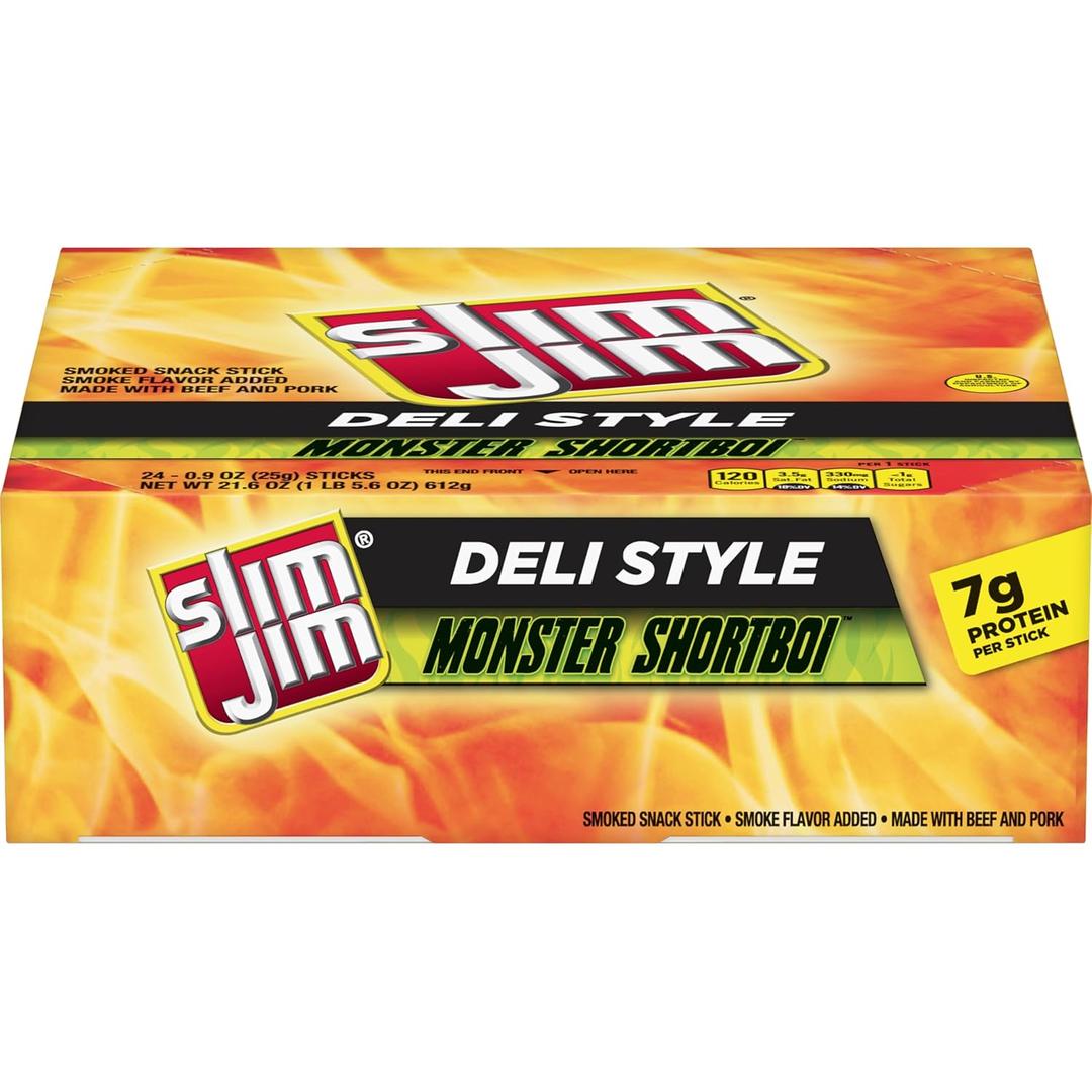 Slim Jim Monster Shortboi Smoked Meat Sticks, Deli Style Original Flavor, 7g Protein Per Stick, Snack Size, 0.9 oz. (24 Count) Best By: 04/23/2026