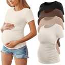 Huukeay 4 Pack Women's Maternity Shirts, Crew Neck Maternity Top Short Sleeve Casual Cotton Tee Side Ruched Pregnancy Clothes(Cream, Khaki, Coffee, Black,Large)