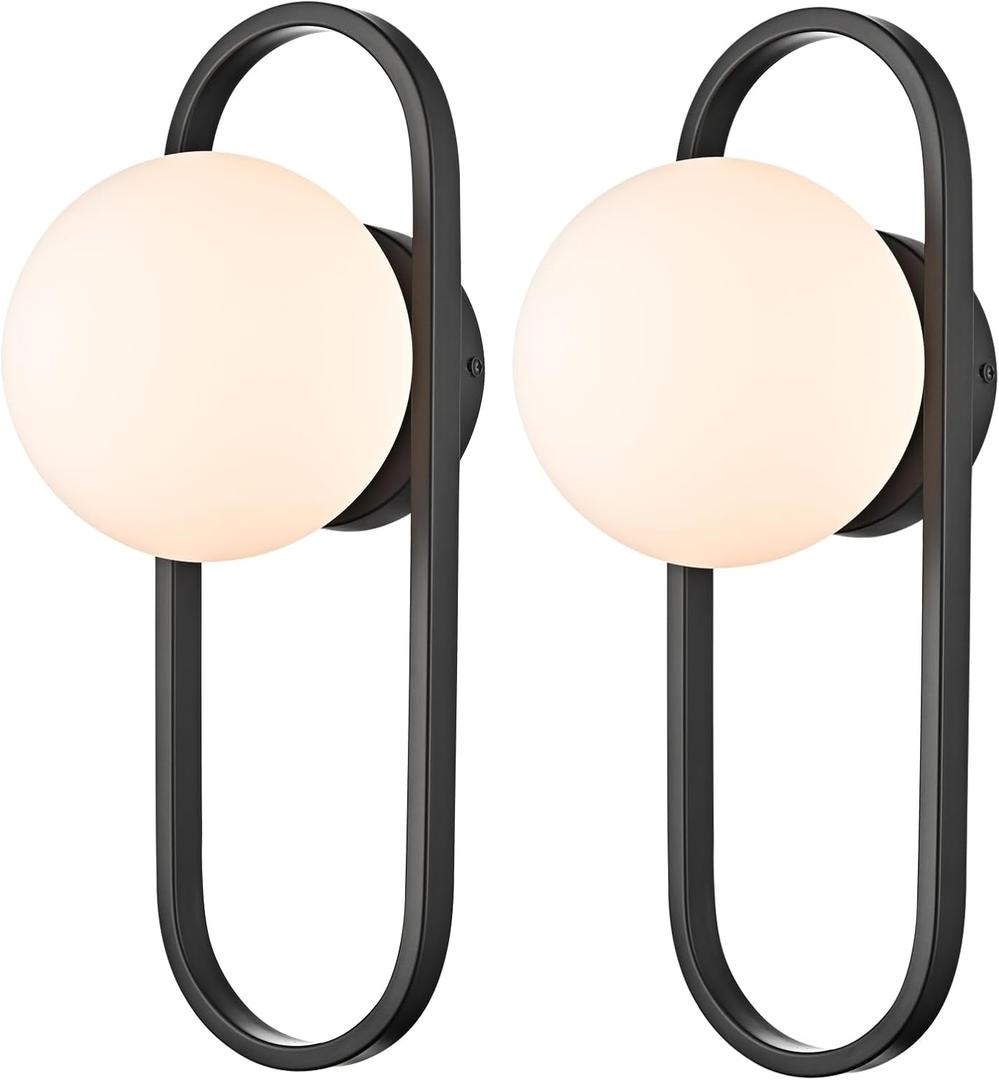 Mid Century Wall Light Matte Black Wall Sconces with White Globe Glass Shade, Set of 2 Vanity for Home Office, Living Room, Bathroom, Living Room