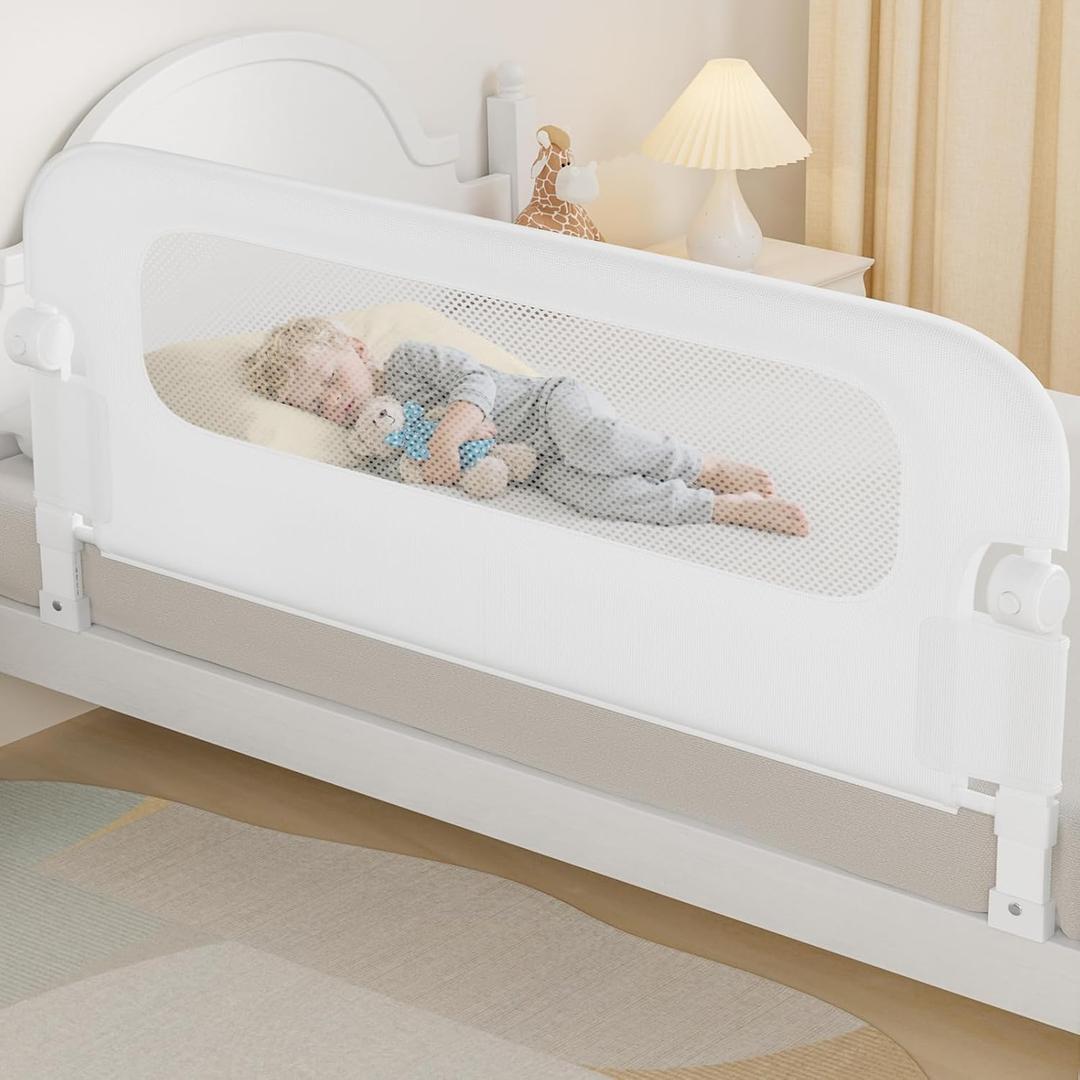 NUTIKAS Baby Bed Rail Guard for Toddlers -59" Toddler Bed Rails for Twin, Full, Queen, King Bunk Size Bed Swing Down Bedrail Extral Tall Child Safety Side Railing Guards for Kids White