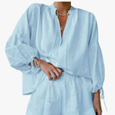 Women Ruffle 2 Piece Sets Long Sleeve Button Down Shirt and Shorts Pajamas Sets, (Blue 704, Size -Large)
